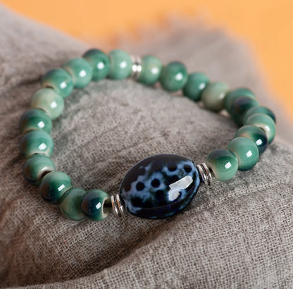 Natural Green Agate & Dzi Bead Bracelet